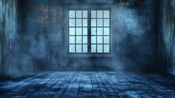 Atmospheric room with a glowing window, creating a mysterious ambiance, enhanced by texture, shadow, and cold light. photo