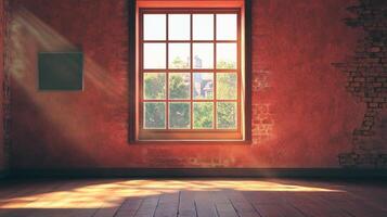 Sunlight streams into an empty room through a window. Red walls and wooden floors create a warm, inviting, and natural atmosphere. photo