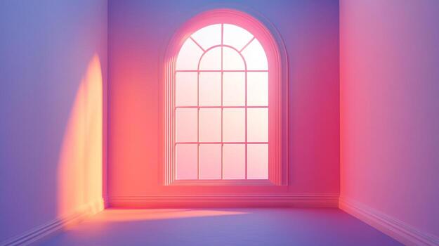 An empty room bathed in the soft glow of sunlight filtering through an arched window, creating a calming and serene atmosphere. photo