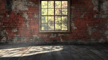Rustic interior showcases weathered brick wall, wooden floor, and a window overlooking a leafy scene, creating a vintage, serene atmosphere. photo