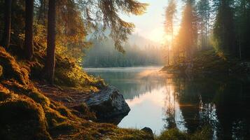 Sunrise over a serene lake surrounded by a dense forest, showcasing nature's tranquility and the beauty of early morning light. photo