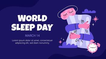 World Sleep Day Banner. Background with hands hugging pillow, alarm clock, sleep mask. Flat illustration. vector