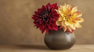 ceramic vase holds vibrant dark red and yellow dahlia flowers, creating stunning floral display photo