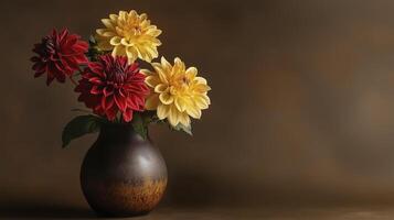ceramic vase holds vibrant dark red and yellow dahlia flowers, creating warm and inviting atmosphere photo