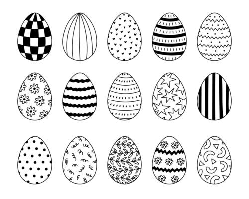 Lovely outline set of painted Easter egg with stripes, dot, heart, twirl ornament. Black and white hand drawn symbol of Easter egg hunt, religious springtime festival. Cute doodle isolated on white.