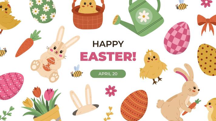 Horizontal colourful banner for Happy Easter Day with clipart of fluffy bunny, patterned Easter eggs, chick, tulips, carrot, bow. Lovely holiday poster, website, social media post in pastel colors
