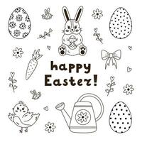 Lovely outline Easter set with fluffy sitting bunny, chick waving wings, painted eggs with pattern, watering can, bow, lettering. Happy Easter egg hunt doodle pack isolated on white background. vector