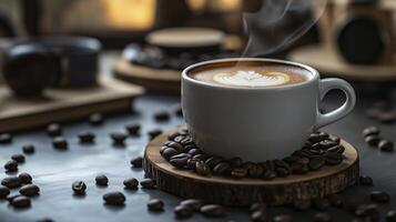 steaming cup of coffee on wooden coaster, surrounded by scattered coffee beans, creates warm and inviting atmosphere photo