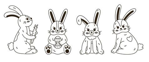 Lovely outline doodle set with Easter bunny in different poses, fur. Hand drawn rabbit holding Easter egg, standing with carrot, bent down ear, back view. Symbol of traditional springtime holiday. vector
