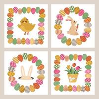 Lovely Easter postcard set with cartoon illustration in round and square frame of painted ornate eggs. Waving chick, Easter bunny, rabbit ear in hole, tulip in pot. Colourful poster collection. vector
