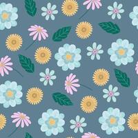 Seamless pattern with flowers and plants on dark background. vector
