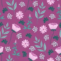 Seamless pattern with plants and flowers on dark background. vector