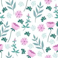 Seamless pattern with plants and flowers on white background. vector