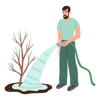 Man watering a young tree seedling with a hose, flat style vector