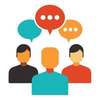 group discussion, colorful speech bubbles three abstract figures communication concept vector