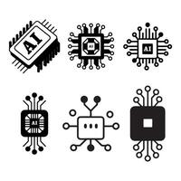 Artificial Intelligence AI Processor Chip Icon, AI Processor Circuit Set, Mini AI CPU Icon Collection vector