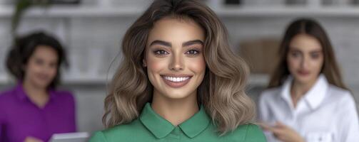 Smiling Young Woman in Green Shirt with Colleagues photo