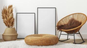 Bohemian Interior Design with Rattan Chair and Pampas Grass photo