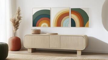 Muted Rainbow Prints Above Light Wood Console photo
