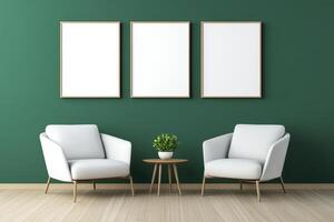 Modern Living Room Interior with White Armchairs and Green Wall photo
