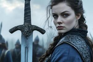 Young Woman Warrior in Blue Medieval Armor with Sword photo