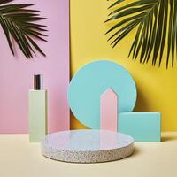 Pastel Geometric Product Display with Palm Leaves photo