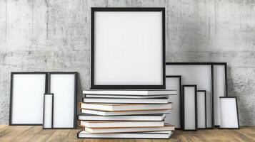 Black Frames and Book Stack Mockup Against Textured Grey Wall photo