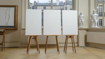 Three Blank Canvases on Easels in Art Studio photo