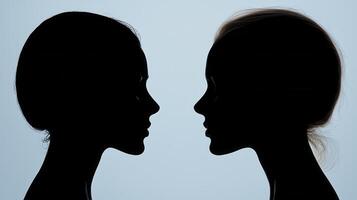 Silhouette Portraits Two Faces in Profile, Explore striking silhouette art with this captivating image showcasing two female figures Each face is rendered in stark contrast against a bright backdrop photo