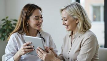 Smiling Doctor Showing Tablet to Senior Patient, illustrating Healthcare Technology, capturing the Doctor-Patient Relationship with Digital Communication, a Medical Consultation, discussing Results photo