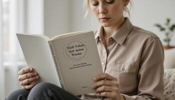 Serene Woman Engrossed in Reading a Book Capturing the Tranquility and Focus of a Reader Absorbed in Literature, Highlighting the Joy of Reading, the Importance of Books, and the Simple Pleasure of photo