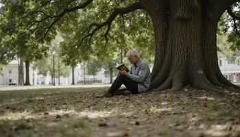Serene Moment An Elderly Gentleman Reading Under the Majestic Oak Tree in a Peaceful Park, bathed in Warm Sunlight A scene of Tranquility and Reflection, as the Man is Engaging with his Book, finding photo