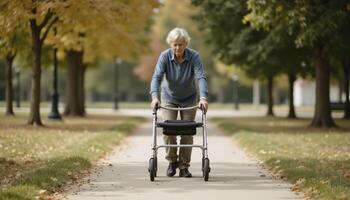 Senior Woman Using Walker on Autumn Path A Portrait of Active Aging, Featuring Mobility Assistance, Outdoor Exercise, and Independent Living in a Beautiful Fall Setting, Showcasing the Importance of photo