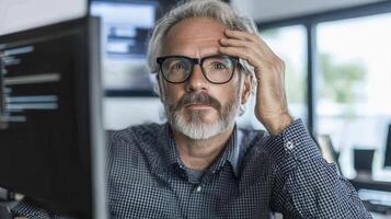 Senior Man Working At Computer, Deep In Thought, His Expression Concentrated And Reflective, Coding, Programming, Or Solving A Complex Problem With Intense Focus At His Workstation With Technology photo