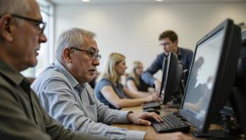 Senior Citizens Learning Computer Skills in a Bright Classroom A depiction of empowerment, lifelong learning, and technological inclusion, with a focus on older adults engaging with computers in an photo