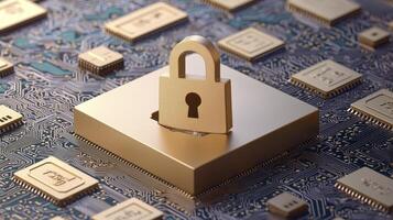 Secure Technology Exploring Cyber Security, Data Protection, and Digital Safety with a Golden Padlock Symbolizing Trust and Security over Microchips, Representing Secure Computing and the Importance photo