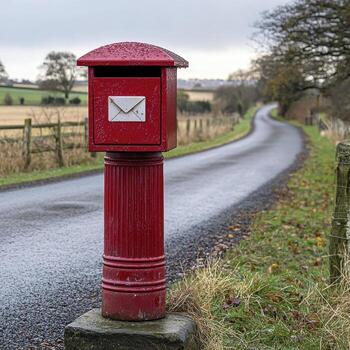 Rural Red Postbox Scene Explore the charm of a vibrant red postbox standing proudly in a serene countryside setting, complemented by a winding road and picturesque fields beyond, captured on a cloudy photo