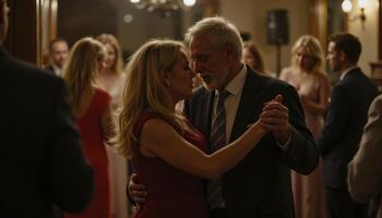 Romantic Wedding Reception Capture the Joy and Intimacy of a Mature Couple Sharing Their First Dance A Heartwarming Moment of Love and Celebration Amidst Guests, Emphasizing the Beauty of Connection photo