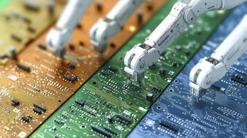 Robotics in Electronics Manufacturing Automation and Precision in Circuit Board Assembly, showcasing advanced robotic arms meticulously placing components onto colorful PCBs, highlighting the photo