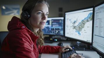Professional woman analyzing data on multiple computer screens, wearing a headset and a red jacket, focused on her work, in a modern office setting She appears to be monitoring a map and charts photo