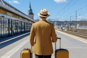 A solitary figure stands poised on the platform's edge, awaiting the arrival of a train, a quintessential scene of anticipation and departure, carrying luggage evoking a sense of wanderlust, their photo