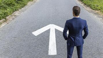 A man stands at a crossroads, contemplating his future, decision-making process, and strategic direction, facing an arrow pointing forward, symbolizing progress, advancement, and the pursuit of goals photo