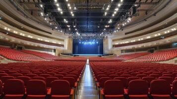 A grand indoor auditorium featuring rows upon rows of vibrant red seating, leading towards a brightly lit stage bathed in a soft blue hue, evoking a sense of anticipation for a performance or event photo