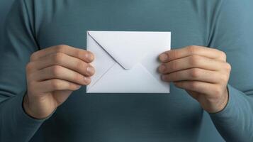 A crisp, clean image showcases a person holding a pristine white envelope against a calming light blue backdrop, symbolizing communication, correspondence, and the anticipation of receiving important photo