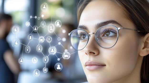 A captivating close-up showcases a focused young woman wearing stylish glasses, enhanced by a subtle overlay of a network graphic, symbolizing connection, technology, and innovation in the modern photo
