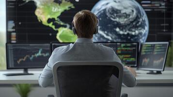 A Focused Trader Analyzes Global Financial Data on Multiple Monitors, Featuring Stock Market Trends, World Map Visualization, and Technological Integration for Investment Strategies, Economic photo