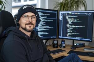 A Focused Programmer at Work Exploring Coding, Development, and Software on Dual Monitors, Surrounded by Technology in a Modern Workspace, showcasing Skills, Innovation, and the Digital Realm photo