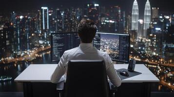 A Captivating Night Scene Programmer at Desk Working with Multiple Monitors Overlooking Kuala Lumpur's Iconic Petronas Towers, Bathed in City Lights This Image Showcases Modern Technology, Urban photo