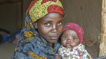 A heartwarming portrait of a young African mother tenderly holding her baby, showcasing the deep bond and love between them, the resilience, maternal care, cultural heritage, and strength of women in photo