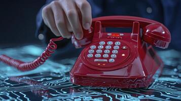 A Vibrant Red Rotary Phone with Button Dialing, a Nostalgic Relic of Communication History, is Depicted in this Striking Still Life The Image Captures the Texture of the Phone's Casing, the Curvature photo